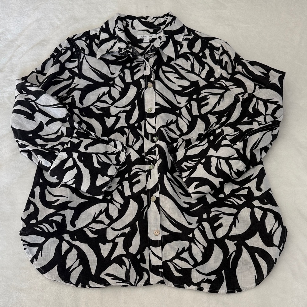 Chico's Black and White Linen Button Down Shirt
